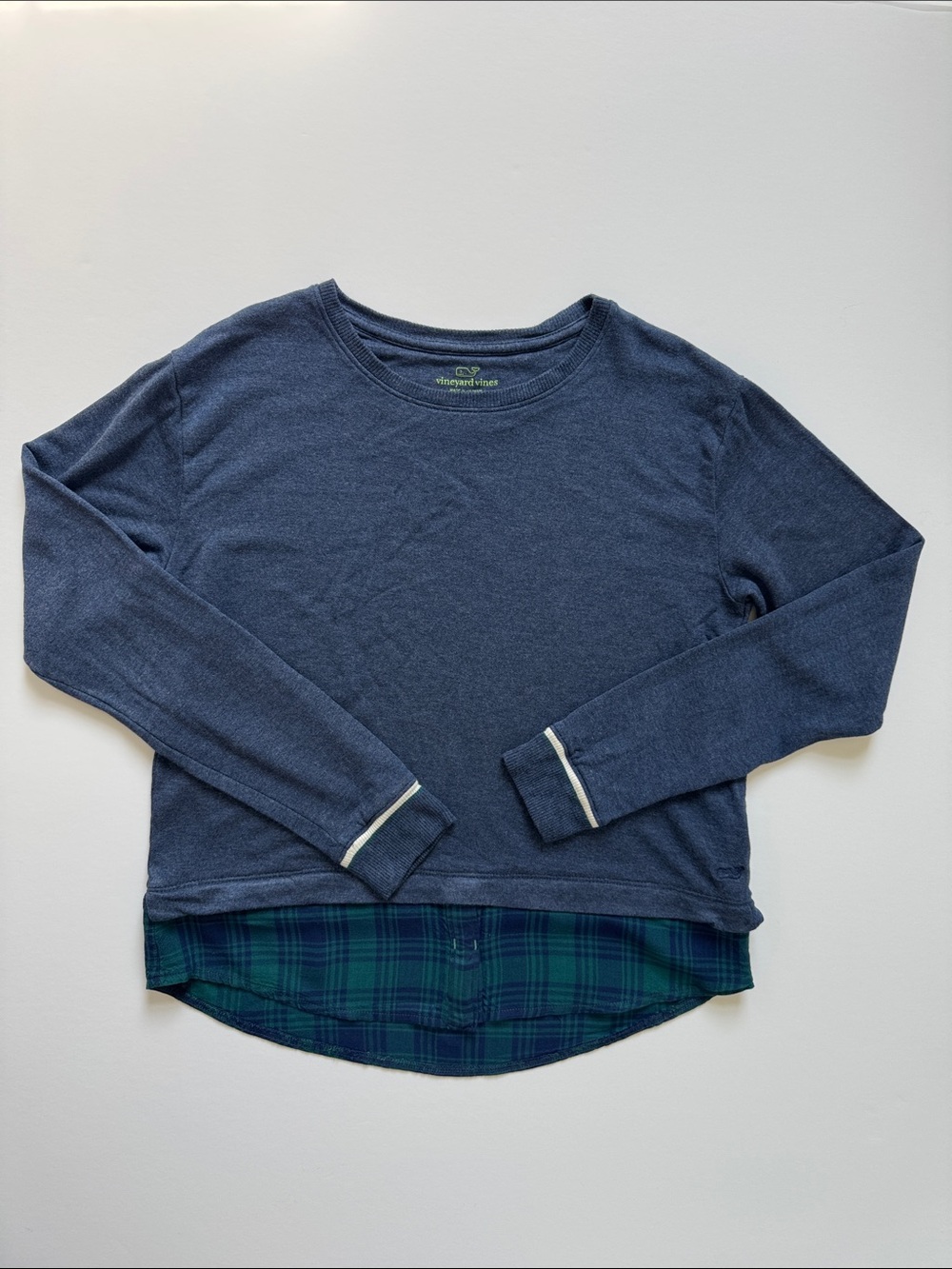 Vineyard Vines Navy Long Sleeve Top with Green Plaid Layered Hem